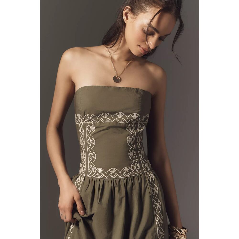 New Anthropologie Strapless Drop-Waist Embroidered Midi Dress $268 Large Olive - Picture 2 of 8